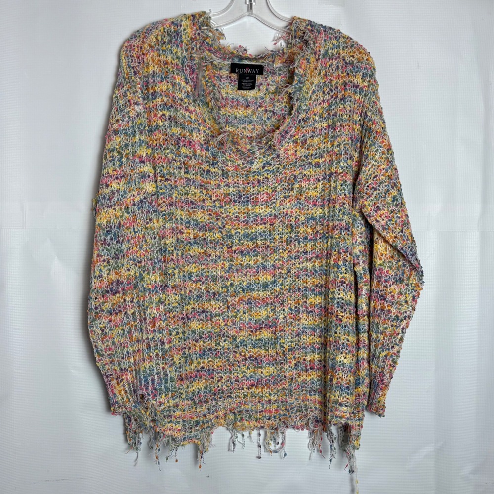 Runway 7‎ Womens 3X Multicolor Distressed V-Neck Open Knit Confetti Sweater Boho